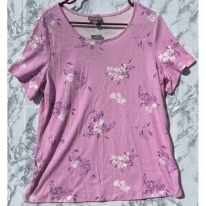 Style & Co Womens Floral Print Short Sleeve Tee 1X Millie Pink Made In Indonesia